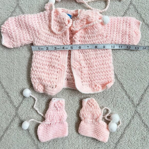 Handmade Vintage Pink Crochet Baby Set Jacket Booties & Hat With Pom Pom - Picture 2 of 3